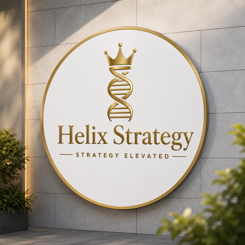 May include: A round white sign with a gold border and gold lettering. The sign features a gold crown above a DNA helix design. The words "Helix Strategy" are displayed in gold, with "Strategy Elevated" below.