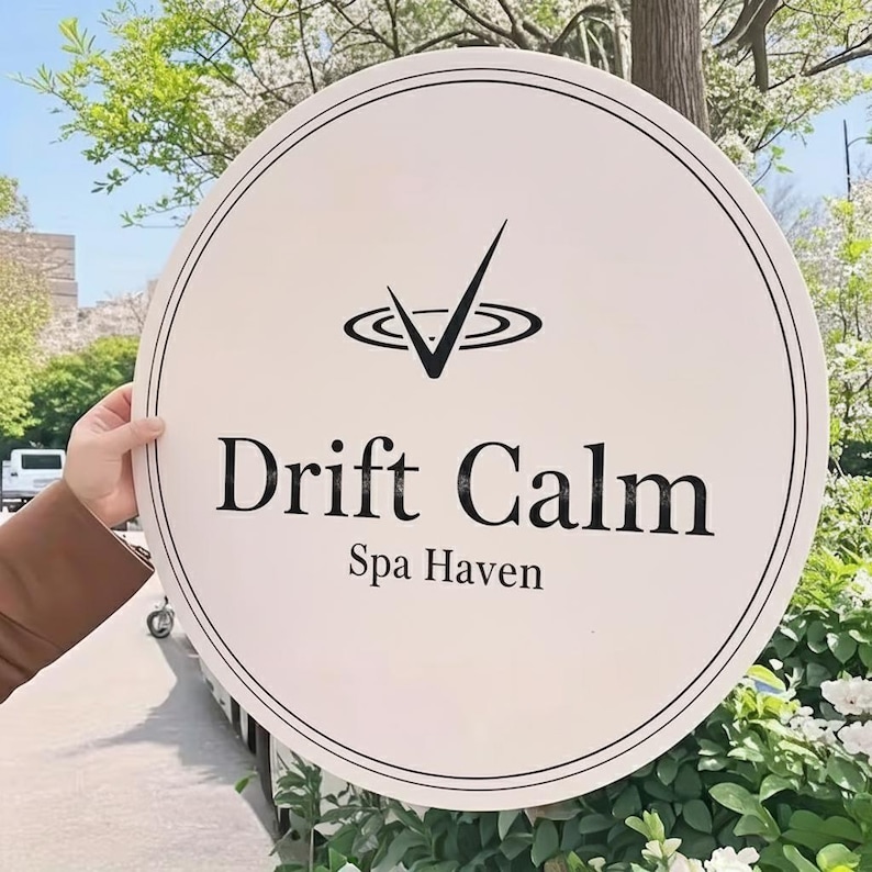 May include: A round, white sign with black text that reads "Drift Calm Spa Haven." The sign has a black border and a logo above the text. The logo is a checkmark inside a stylized water ripple design. The sign is held outdoors.