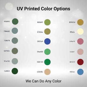 Puede incluir: Imagen que muestra una carta de colores con el texto "Opciones de color impresas UV" y "Podemos hacer cualquier color". La carta muestra varias muestras de color con c&oacute;digos hexadecimales.