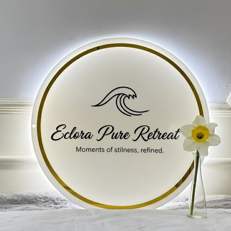 Puede incluir: Un letrero redondo e iluminado con el texto "Eclora Pure Retreat" y un logotipo de ola. El letrero tiene un borde dorado y un fondo blanco. Un narciso en un jarr&oacute;n de cristal est&aacute; en primer plano.