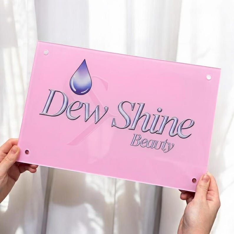 May include: A pink rectangular sign with the words "Dew Shine Beauty" in a silver script font. A blue and white water droplet graphic is above the text. The sign has four holes in the corners.