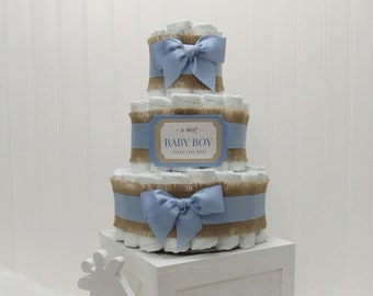 Diaper Cake | Baby Gift | Classic Blue Diaper Cake for a Boy | Baby Shower Decoration  | Rustic Boho Burlap Centerpiece | Baby Diaper Cake