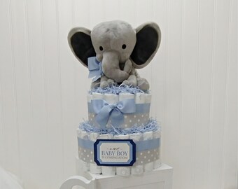 Gâteau de couches bleu | Cadeau baby shower éléphant | Cadeau de naissance pour garçon | Bienvenue aux tout-petits | Gâteau de couches pour bébé garçon