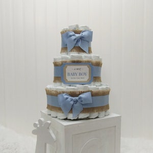 Diaper Cake | Baby Gift | Classic Blue Diaper Cake for a Boy | Baby Shower Decoration  | Rustic Boho Burlap Centerpiece | Baby Diaper Cake