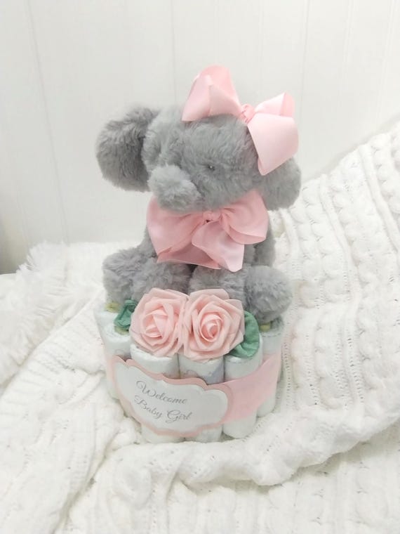 Pink Elephant Diaper Cake for Baby Girl, Shower Gift, Usable Diapers, Pampers Swaddlers (Size 2)