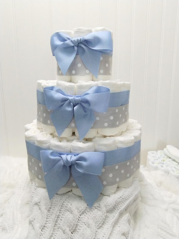 Blue and Gray Diaper Cake for a Baby Boy