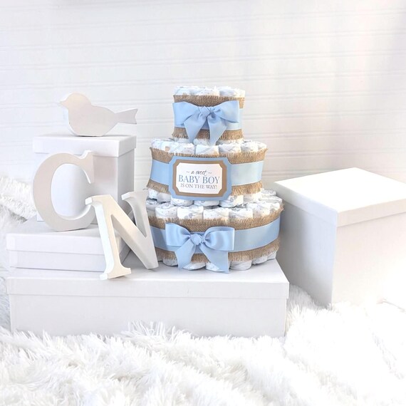 Rustic Blue and Burlap Diaper Cake for a Baby Boy