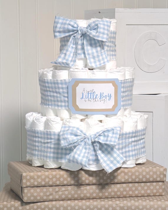 Shabby Blue Gingham Diaper Cake for a Baby Boy