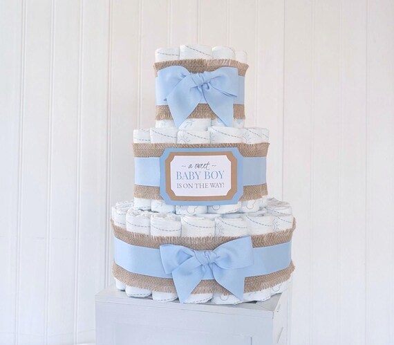 Rustic Blue and Burlap Diaper Cake for a Baby Boy