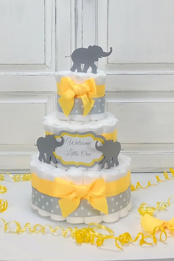 Diaper Cake | Elephant Centerpiece | Yellow and Gray Baby Shower Decoration | New Baby Gift for Boy or Girl