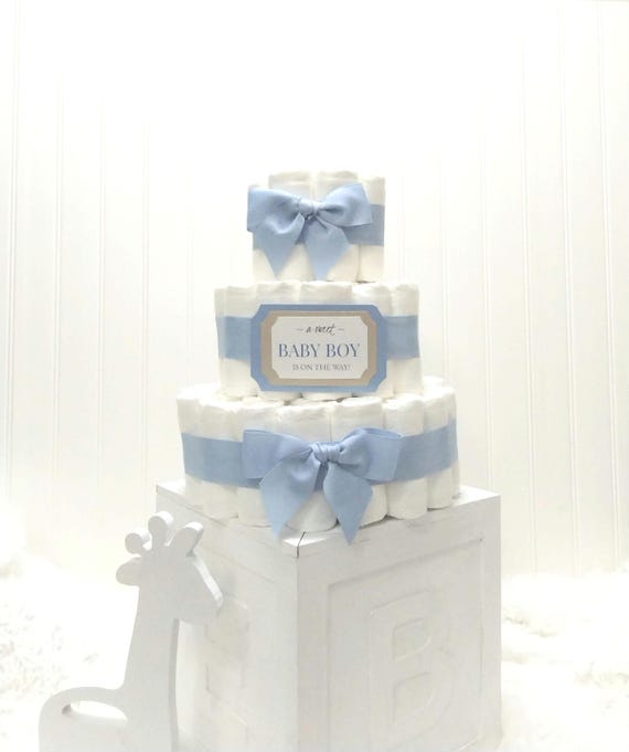Simple Minimalist Blue and White Diaper Cake: