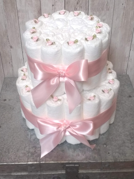 Elegant Pink Rosebud Diaper Cake – Baby Shower Decoration, Girl Gift