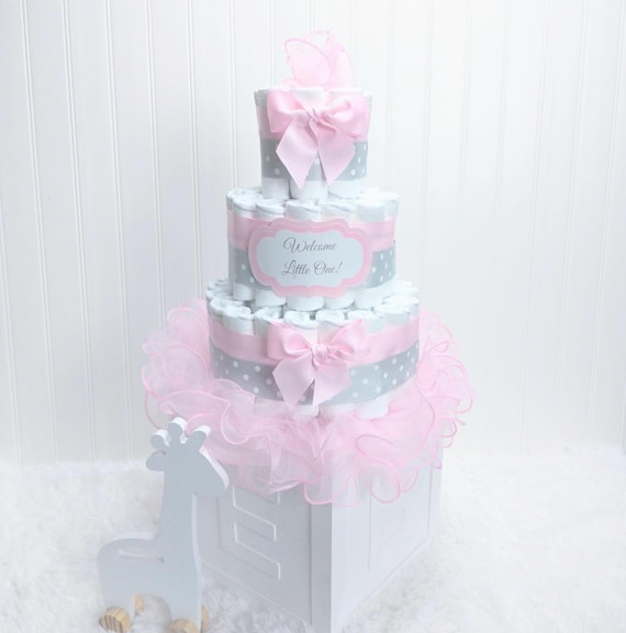 Fancy, Fancy! Pink and Gray Polka Dot Tutu Diaper Cake for a Baby Girl