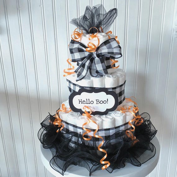 Halloween Diaper Cake: Spooky Baby Gift - Black and Orange Baby Shower Decor