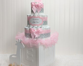 Diaper Cake | Baby Girl Diaper Cake | Baby Shower Gift | New Baby Gift | Personalized Diaper Cake Pink and Gray Diaper Cake