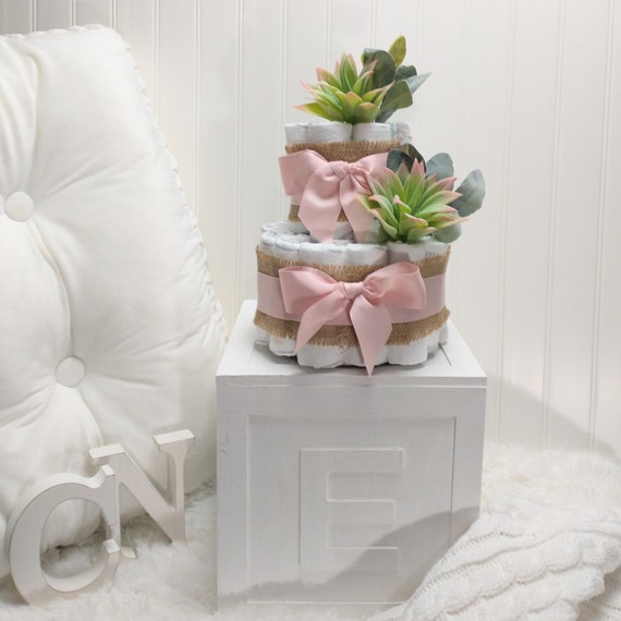 Blush Pink Diaper Cake with Succulents and Greenery