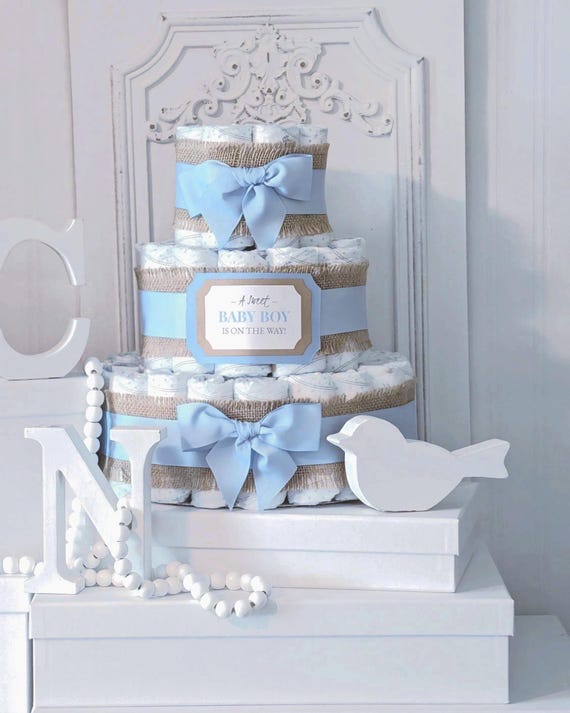 Rustic Blue and Burlap Diaper Cake for a Baby Boy