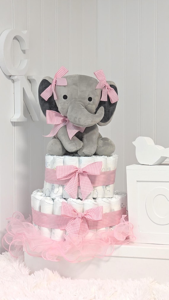 Elephant Diaper Cake with Pink Gingham Ribbon