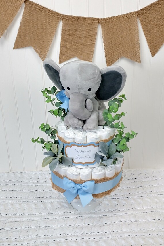 Diaper Cake Boy, Elephant Baby Shower, Burlap and Greenery Decoration