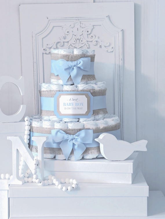Rustic Blue and Burlap Diaper Cake for a Baby Boy