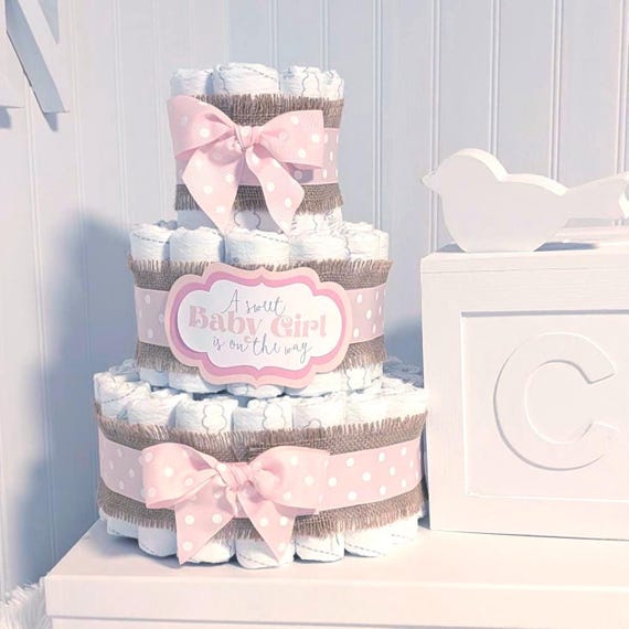 Rustic Boho Pink Polka Dot and Burlap Diaper Cake