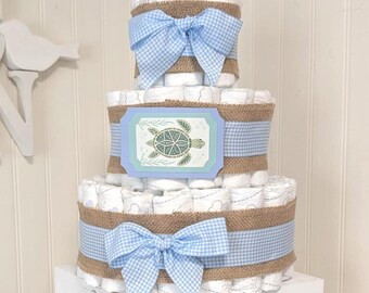 Blue Gingham Diaper Cake: Baby Shower Gift Centerpiece Decor New Mom Gift