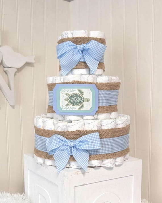 Blue Gingham and Burlap Sea Turtle Diaper Cake