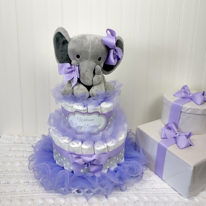 Diaper Cake Purple Baby Shower Decor Elephant Cake Topper Etsy