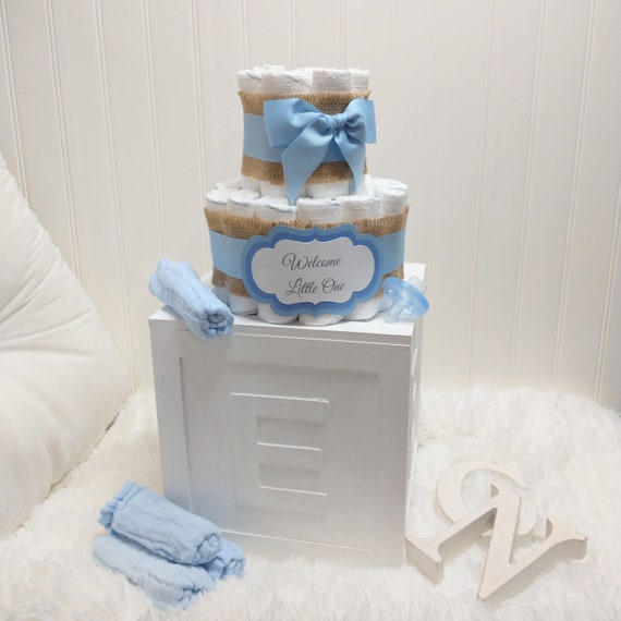 Diaper Cake | Rustic Chic Dusty Blue Burlap Baby Shower Gift | Gift for Baby Boy