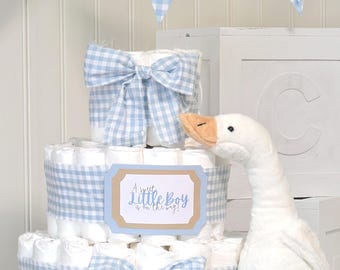 Blue Gingham Diaper Cake: Baby Shower Gift, Decor or Centerpiece, New Mom Gift