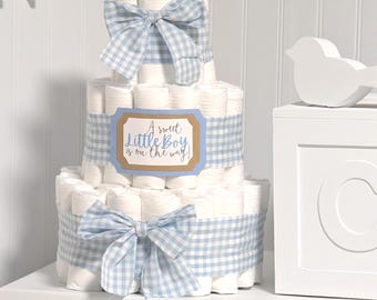 Rustic Boho Baby Shower Gift for Boy | Blue Gingham Diaper Cake Centerpiece