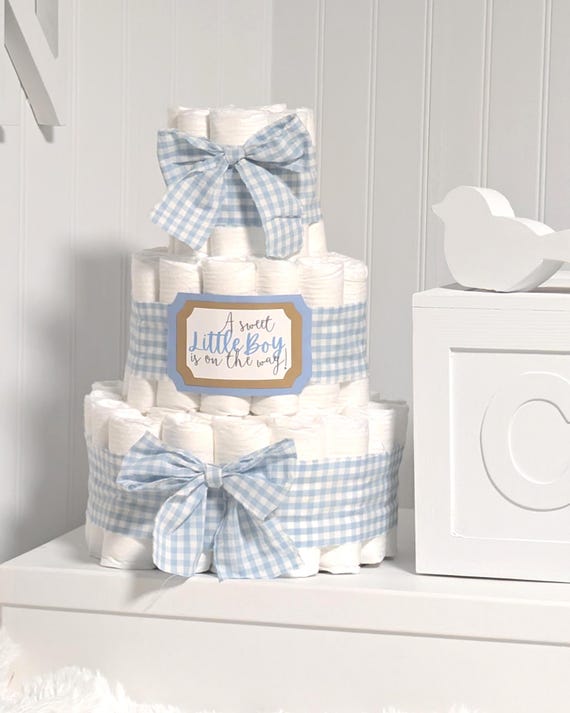 Shabby Blue Gingham Diaper Cake for a Baby Boy