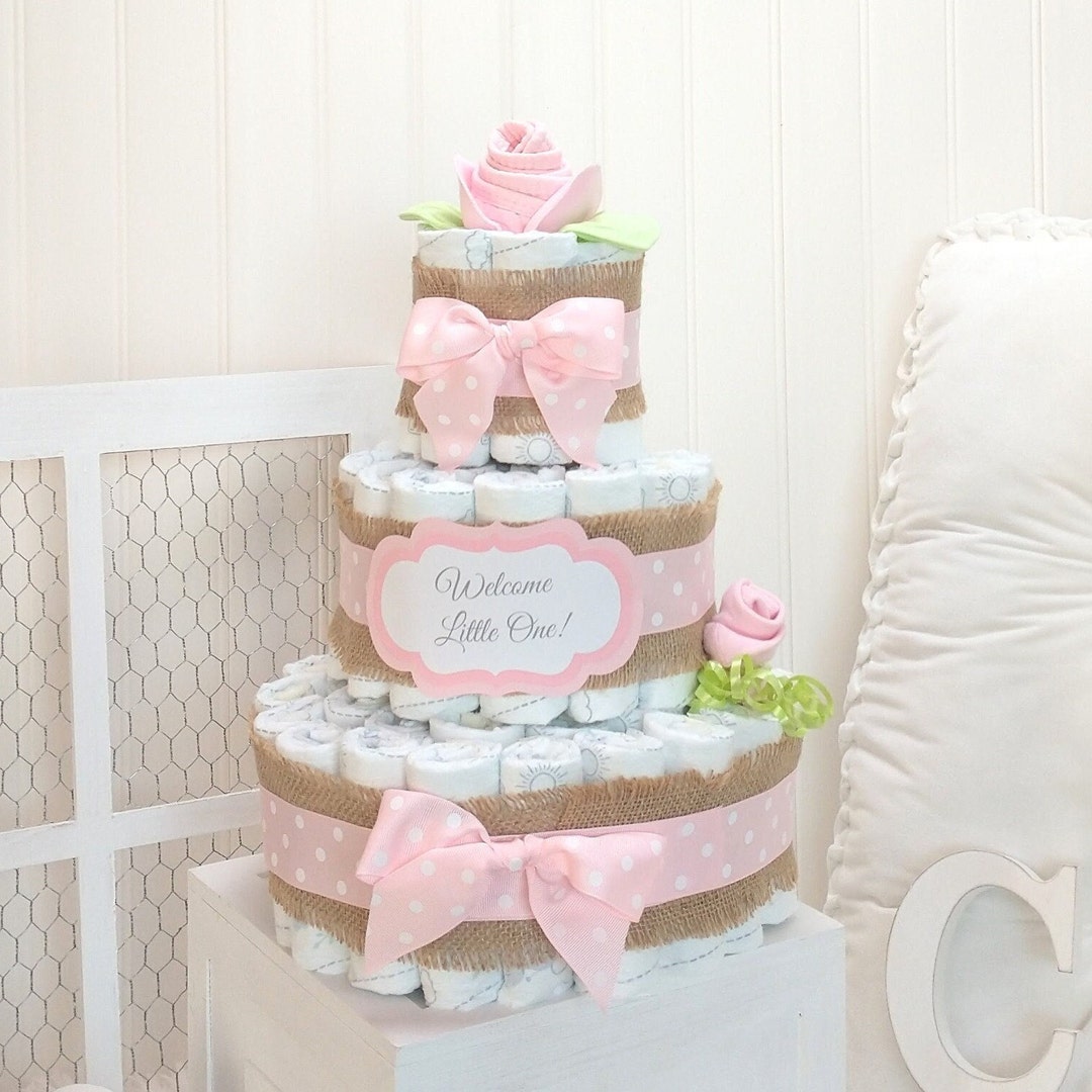 Diaper Cake for Girl pink Rose Baby Shower Centerpiece Table Decor Baby ...