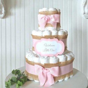 Pink Diaper Cake: Girl Baby Gift - Rustic Burlap Baby Shower Centerpiece