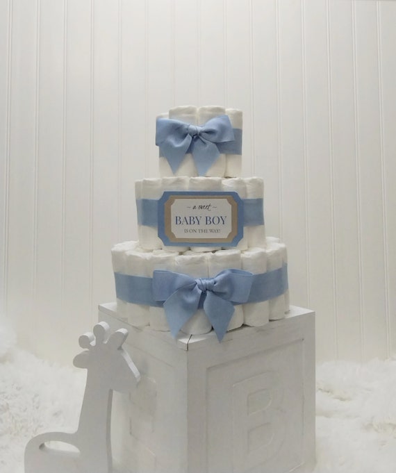 Baby Boy Gift | Diaper Cake | Classic Pale Blue Baby Shower Decoration | Baby Sprinkle Gift
