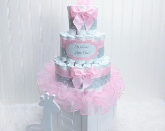 Elegant Pink Diaper Cake |  Personalized Baby Gift | Baby Shower Decoration