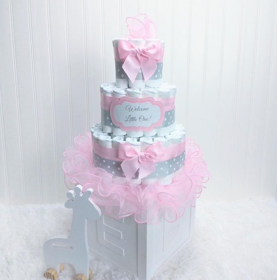 Fancy, Fancy! Pink and Gray Polka Dot Tutu Diaper Cake for a Baby Girl