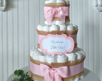 Cadeau baby shower | Gâteau de couches rose classique pour fille | Décoration ou centre de table pour baby shower