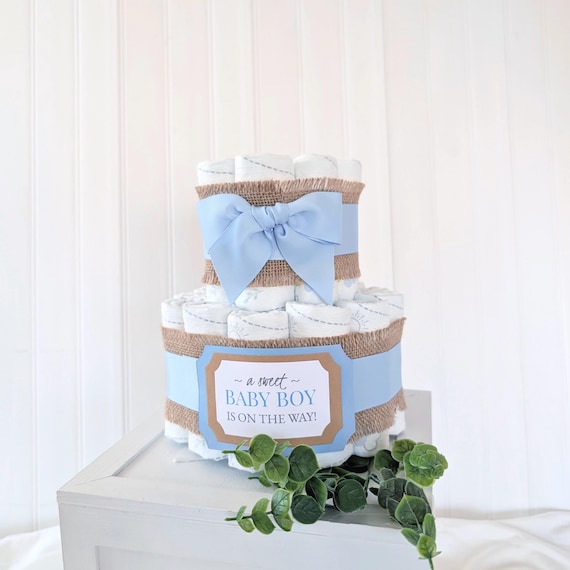 2 Tier Rustic Blue and Burlap Diaper Cake for a Baby Boy