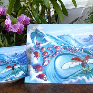 Impression d'art d'une vague de coccinelles surfant dans l'océan / Illustration en format A4 ou A6 carte postale
