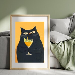 Dekoracja wózka barowego, plakat z kotem, wydruk wina, wystrój kuchni retro, wystrój w stylu Mid Century Modern, modna sztuka ścienna, wydruk Cheers, wydruk do jadalni
