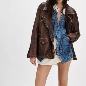 Oversized bruin leren bikerjack voor dames | Vintage distressed motorjack