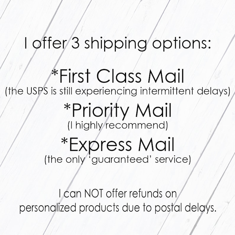 May include: Text on a white background describing three shipping options: First Class Mail, Priority Mail, and Express Mail. The text also states that the USPS is experiencing intermittent delays and that the seller cannot offer refunds on personalized products due to postal delays.