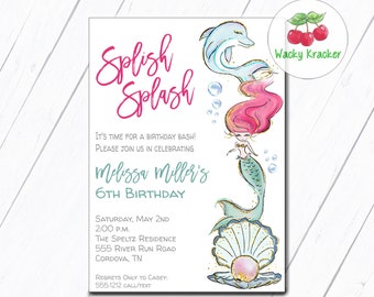 May include: A mermaid-themed birthday party invitation with a pink and green mermaid, a dolphin, and a pearl in a seashell. The invitation says "Splish Splash" and "Melissa Miller's 6th Birthday".