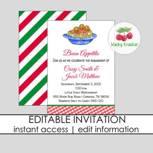 May include: Editable invitation template with a red and green striped background, a red and white checked pattern, and a drawing of a plate of spaghetti with meatballs. The text reads "Buon Appetito" and "Join us as we celebrate the engagement of Casey Smith & Jacob Matthew".
