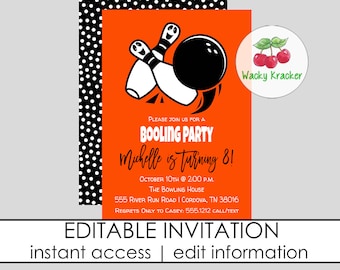 May include: Orange and black bowling party invitation with a cartoon bowling ball and pins. The invitation says "Please join us for a bowling party Michelle is turning 8!" with the date, time, and location of the party.