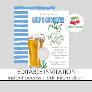 Invitation golf et au revoir, invitation départ, fête d'adieu, fête de déménagement, bière et golf, téléchargement immédiat, modèle MODIFIABLE