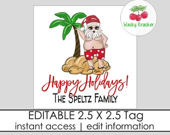 Beach Santa Christmas Tag, Happy Holiday Gift Tag, Santa Packaging, Personalized and Editable Gift Tag Template
