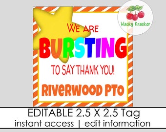 We're Bursting Gift Tags, Staff Teacher Volunteer Thank You Tag, Square Party Favor Tags, Editable Gift Tag Template