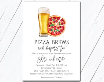 May include: A white invitation card with a watercolor illustration of a pizza and a glass of beer. The text on the card reads "Pizza. Brews and diapers too. Join us for a couples shower honoring Sheri and Mike. Saturday, June 2nd @ 2:00 p.m. Speltz Coffee House 555 River Run Road | Cordova, TN. Regrets only to Casey: 555.1212 call/text. Registered at Target."